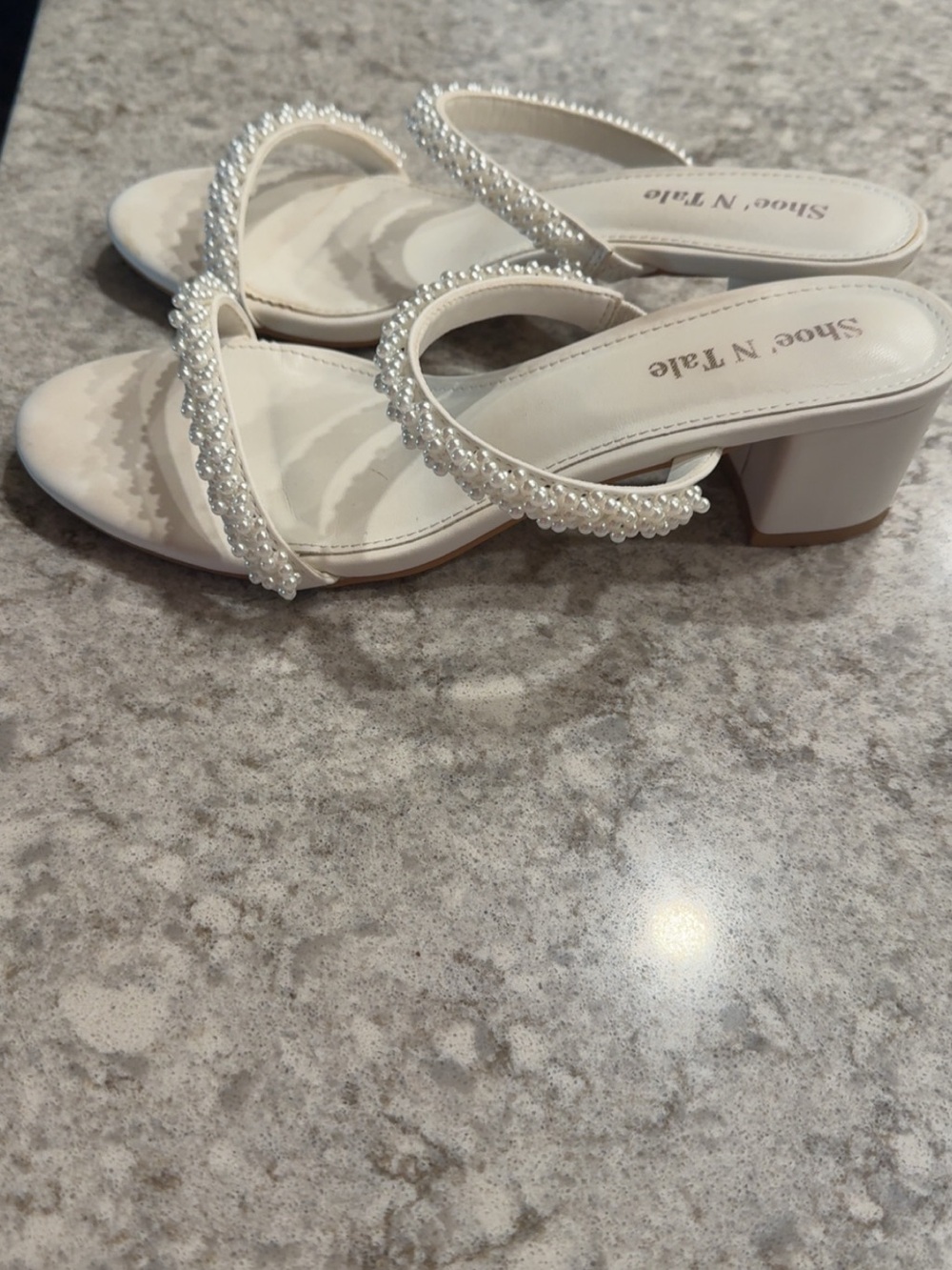 ShoeNTale Ivory Pearl-Embellished Block Heel Sandals